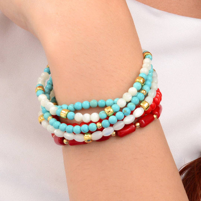 Guadalupe Blue Turquoise and Coral Golden Stretch Bracelet Set