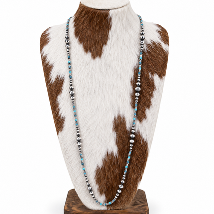 36" Western Navajo Pearl & Turquoise Stone Bead Long Necklace: Turquoise
