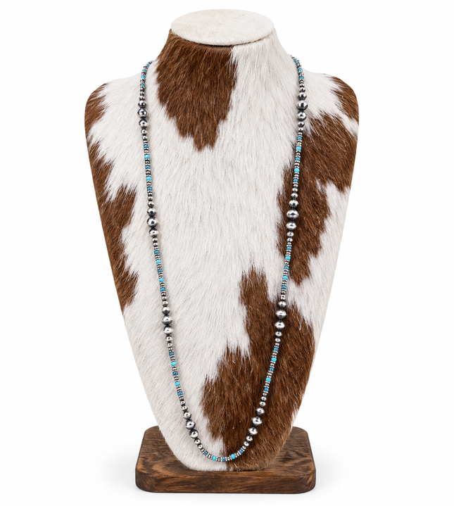 36" Western Navajo Pearl & Turquoise Stone Bead Long Necklace: Copper