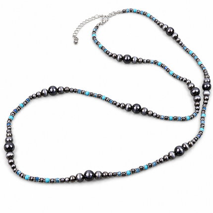 36" Western Navajo Pearl & Turquoise Stone Bead Long Necklace: Copper