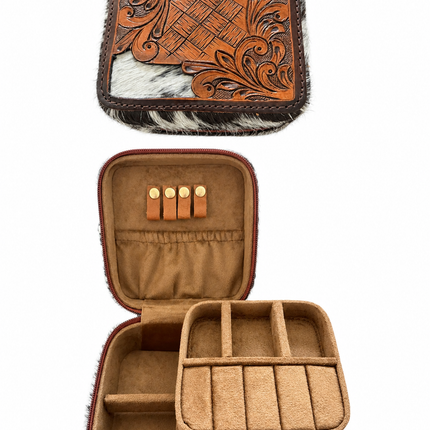 Leather Tooled Top Square Jewelry Box with Cowhide