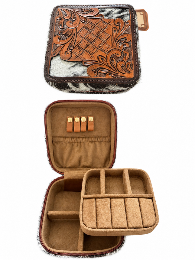 Leather Tooled Top Square Jewelry Box with Cowhide