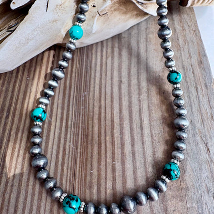 18" Western Navajo Pearl & Turquoise Stone Bead Necklace: TURQUOISE