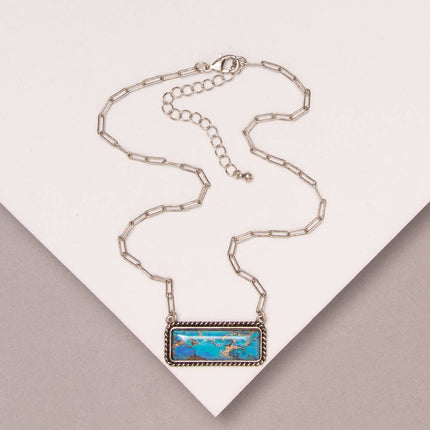 18" Western Marbled Colored Turquoise Rectangle Pendant Necklace: Turquoise