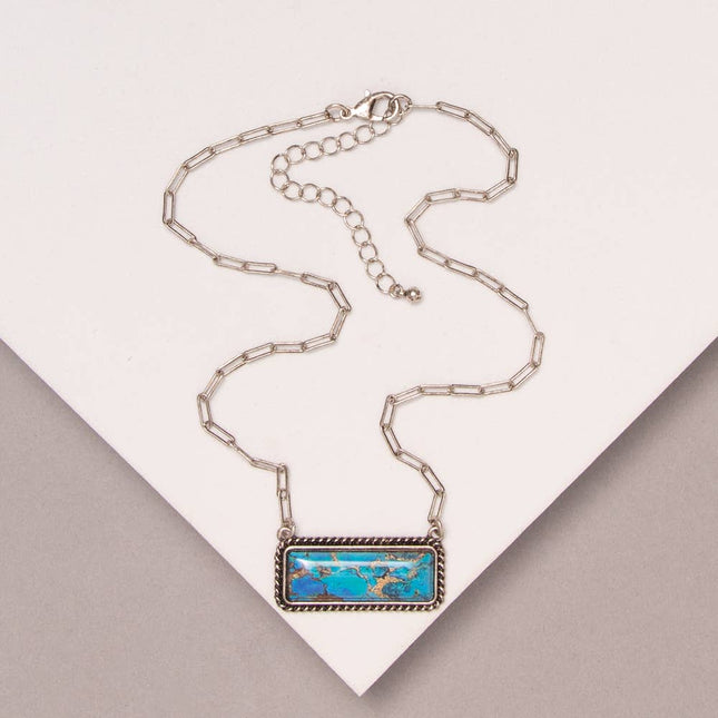 18" Western Marbled Colored Turquoise Rectangle Pendant Necklace: Turquoise