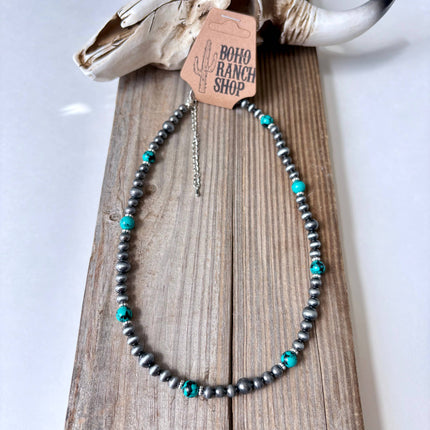 18" Western Navajo Pearl & Turquoise Stone Bead Necklace: TURQUOISE