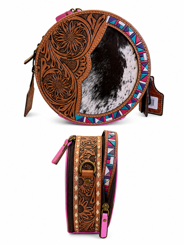 Tooled Leather Canteen Purse: Aztec Hair On Hide
