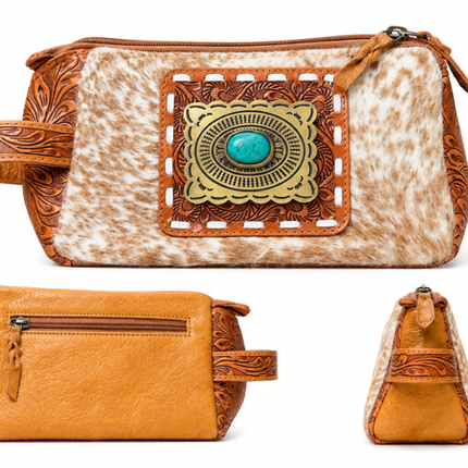 Leather Hair on Hide Toiletry Bag with Stone: Brown