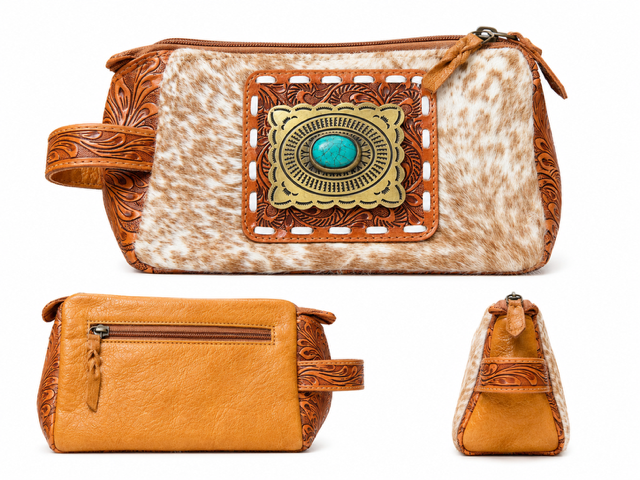 Leather Hair on Hide Toiletry Bag with Stone: Brown
