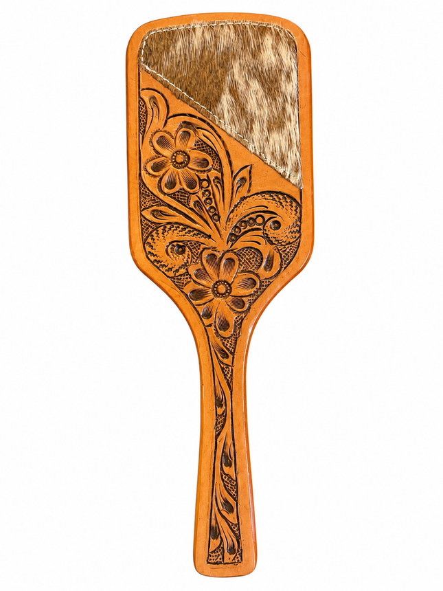 Leather Tooled & Cowhide Hairbrush #2