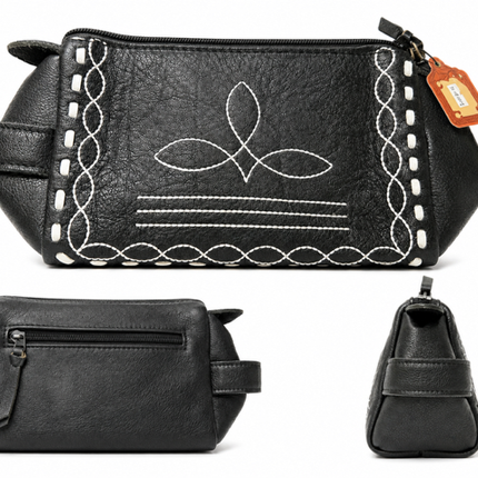 Leather Toiletry Bag with Boot Stitch: Black