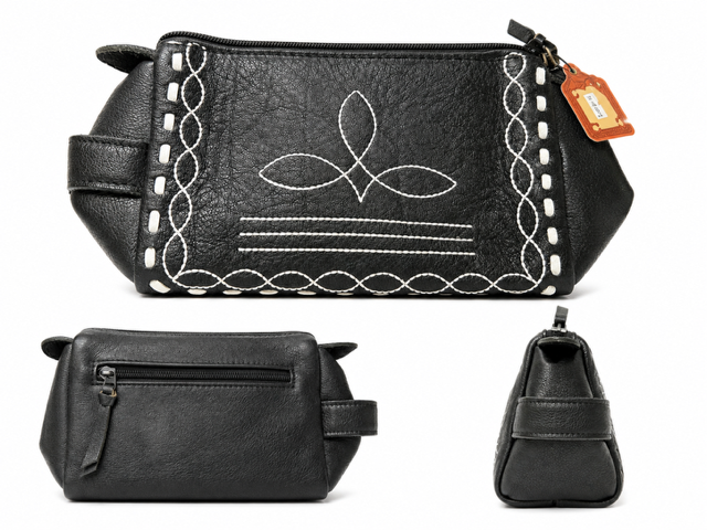 Leather Toiletry Bag with Boot Stitch: Black