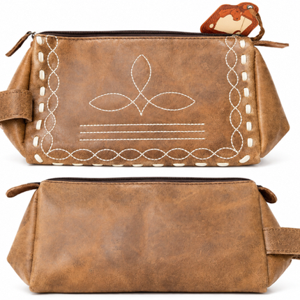 Leather Toiletry Bag with Boot Stitch: Brown