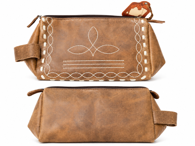 Leather Toiletry Bag with Boot Stitch: Brown