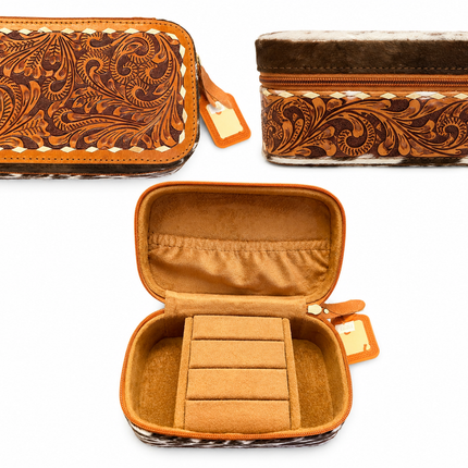 Tooled Leather Jewelry Case: Brown