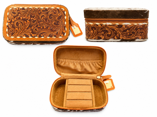 Tooled Leather Jewelry Case: Brown