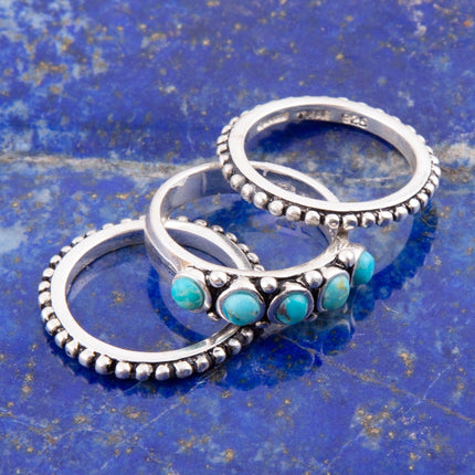 Triple Blue Turquoise and Silver Stack Ring: 7