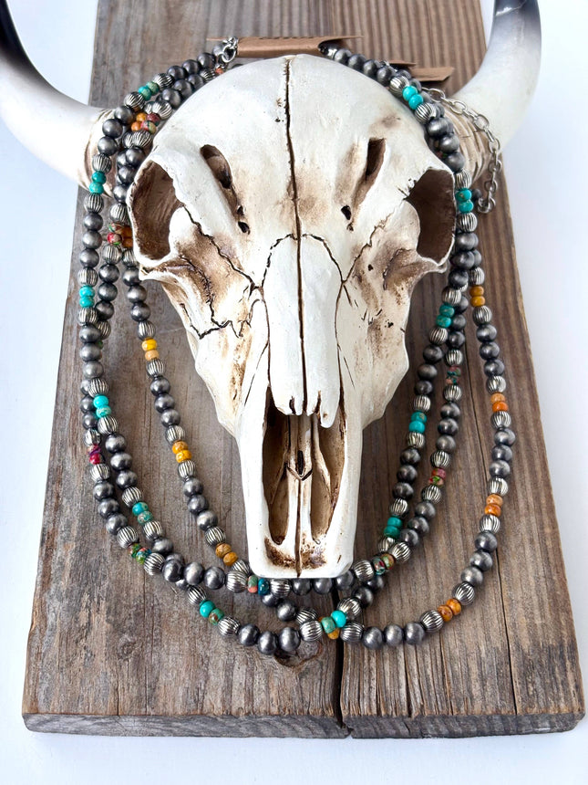 18" Western Style Navajo Pearl & Stone Bead Necklace: Multi