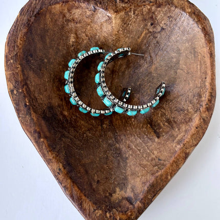 Western Style Turquoise Stone Open Hoop Earrings: Turquoise