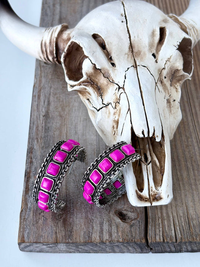 Western Style Turquoise Stone Open Hoop Earrings: Pink