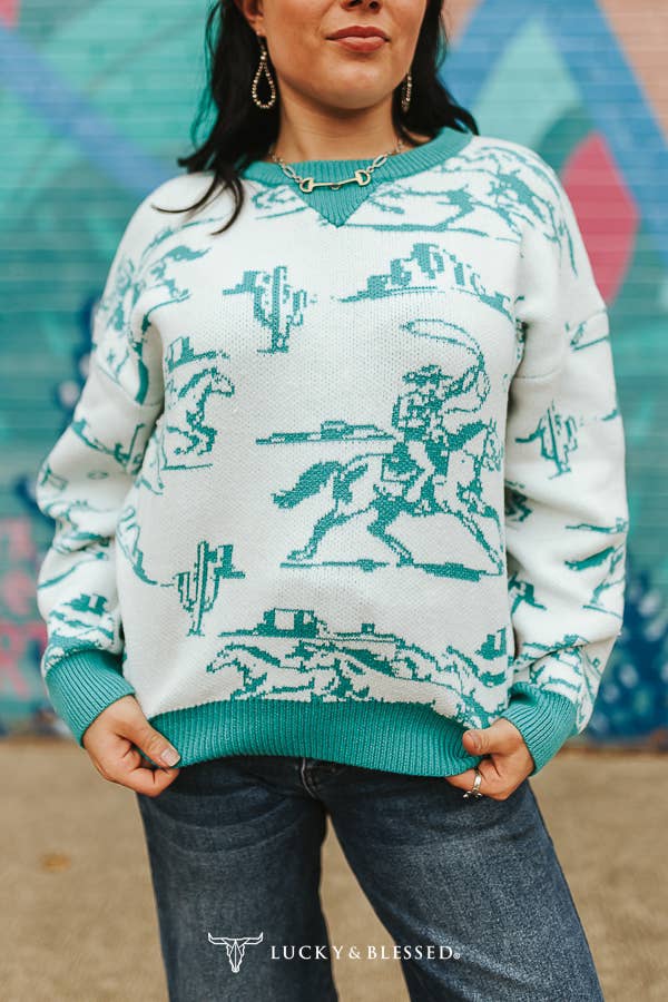 PS. Ivory Mint Western Printed Ribbed Hem Wrist Sweatshirt: XL