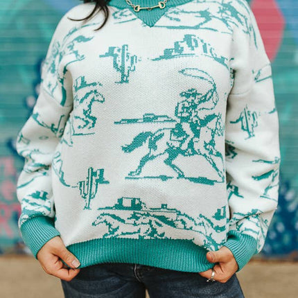 PS. Ivory Mint Western Printed Ribbed Hem Wrist Sweatshirt: 2XL