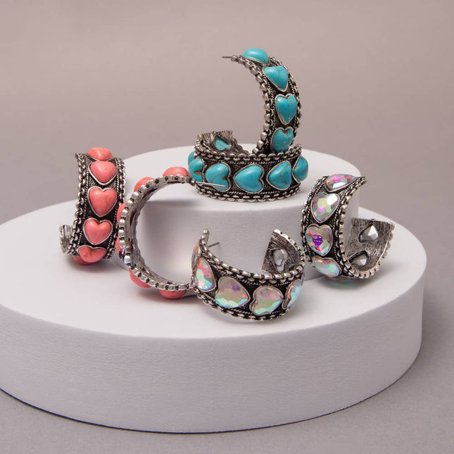 Western Heart Stone Open Hoop Earrings: Pink