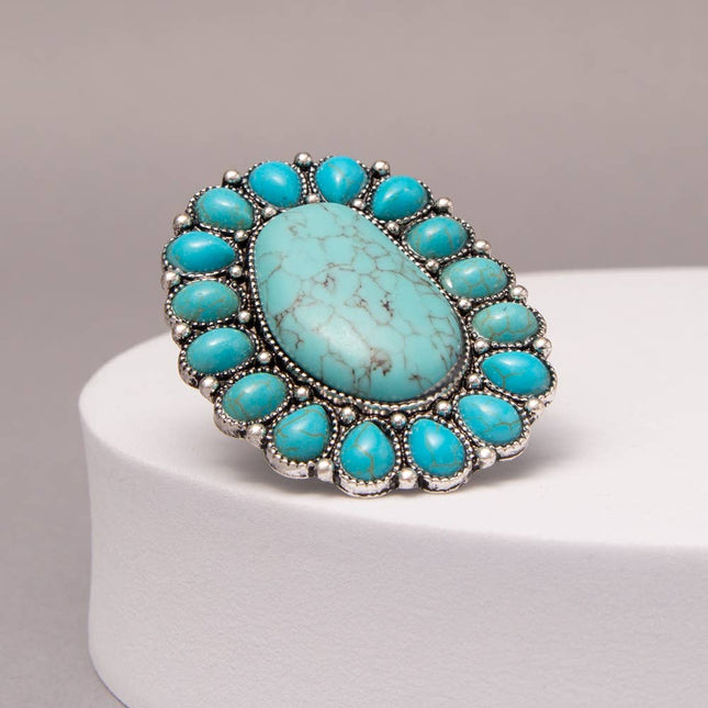 Western Oval Turquoise Stretch Ring with Decorative Frame: Turquoise