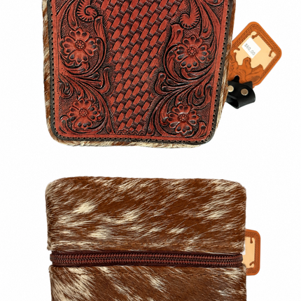 Square Hair on Hide with Tooled Leather Top Jewelry Case: Brown