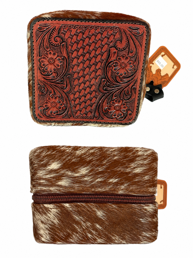 Square Hair on Hide with Tooled Leather Top Jewelry Case: Brown