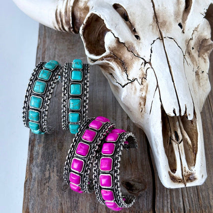 Western Style Turquoise Stone Open Hoop Earrings: Turquoise