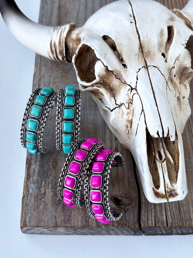Western Style Turquoise Stone Open Hoop Earrings: Pink