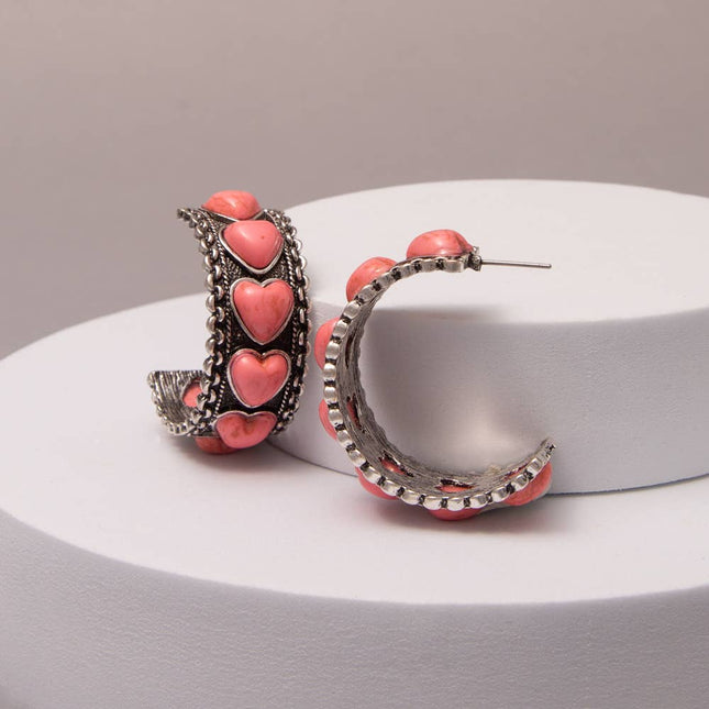 Western Heart Stone Open Hoop Earrings: Pink