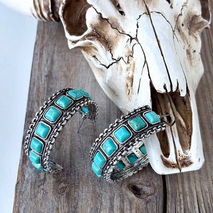Western Style Turquoise Stone Open Hoop Earrings: Turquoise