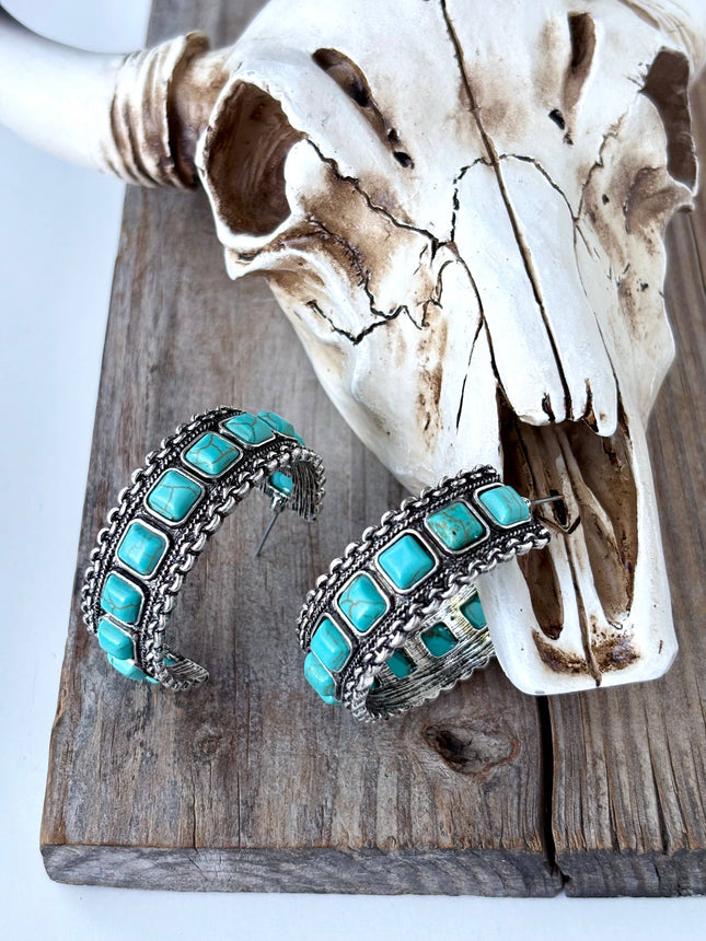 Western Style Turquoise Stone Open Hoop Earrings: Turquoise