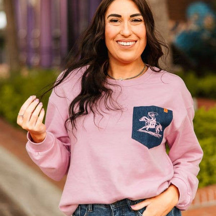 Pink Gather Wrist Denim Front Pocket Sweatshirt: L