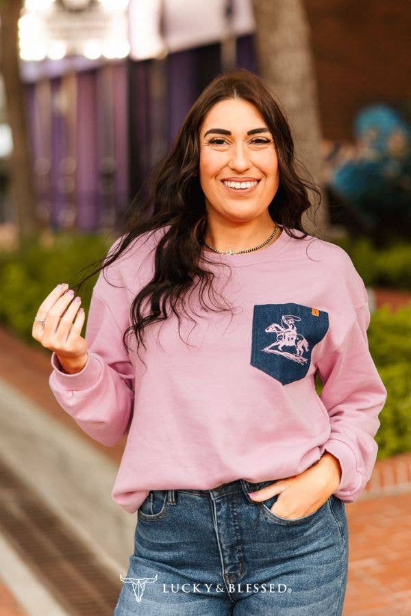 Pink Gather Wrist Denim Front Pocket Sweatshirt: L