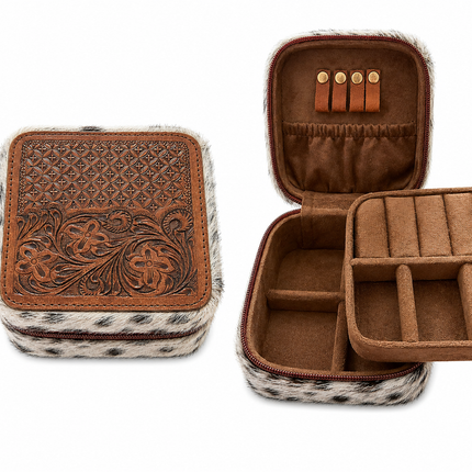 Square Leather Tooled Jewelry Box