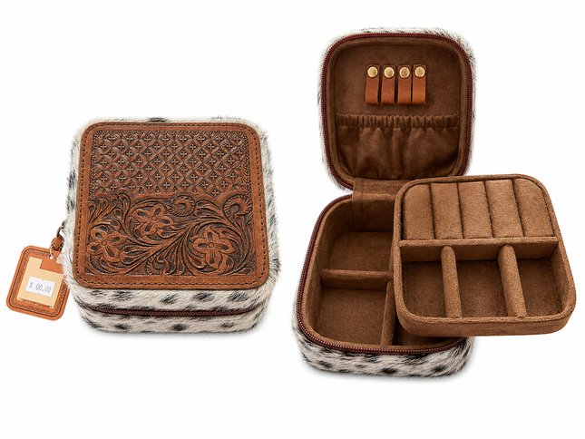 Square Leather Tooled Jewelry Box