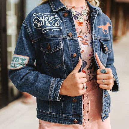 Mid Wash Western Embroidered Patch Denim Jacket: L