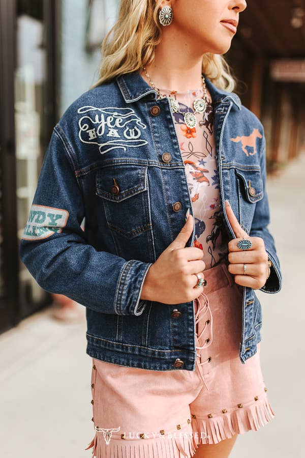 Mid Wash Western Embroidered Patch Denim Jacket: L