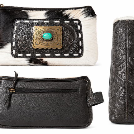 Leather Hair on Hide Toiletry Bag with Stone: Black