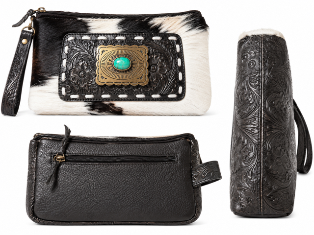 Leather Hair on Hide Toiletry Bag with Stone: Black