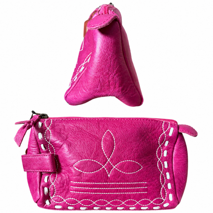 Leather Toiletry Bag with Boot Stitch: Pink