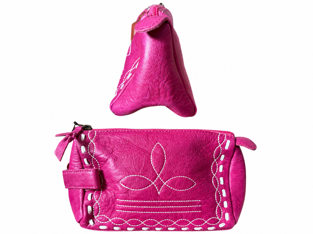Leather Toiletry Bag with Boot Stitch: Pink