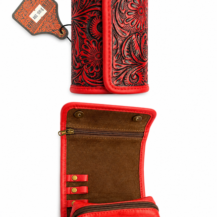 Tooled Leather Compact Jewelry Travel Case: Red