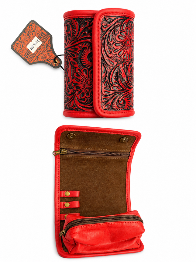 Tooled Leather Compact Jewelry Travel Case: Red
