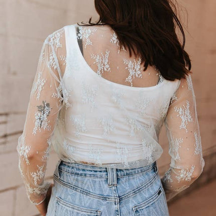 Light Blue Lace Long Sleeve Stretch Top: S-L