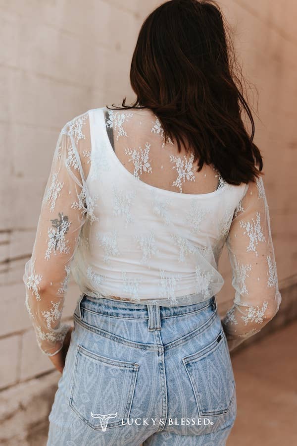 Light Blue Lace Long Sleeve Stretch Top: S-L