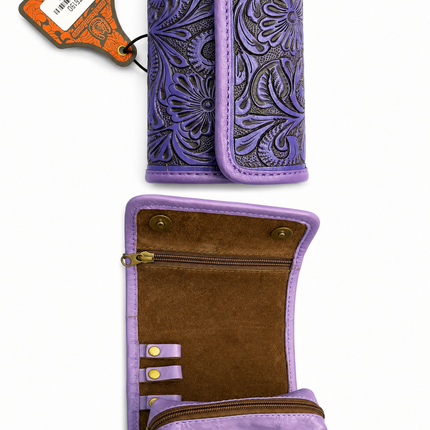 Tooled Leather Compact Jewelry Case: Purple